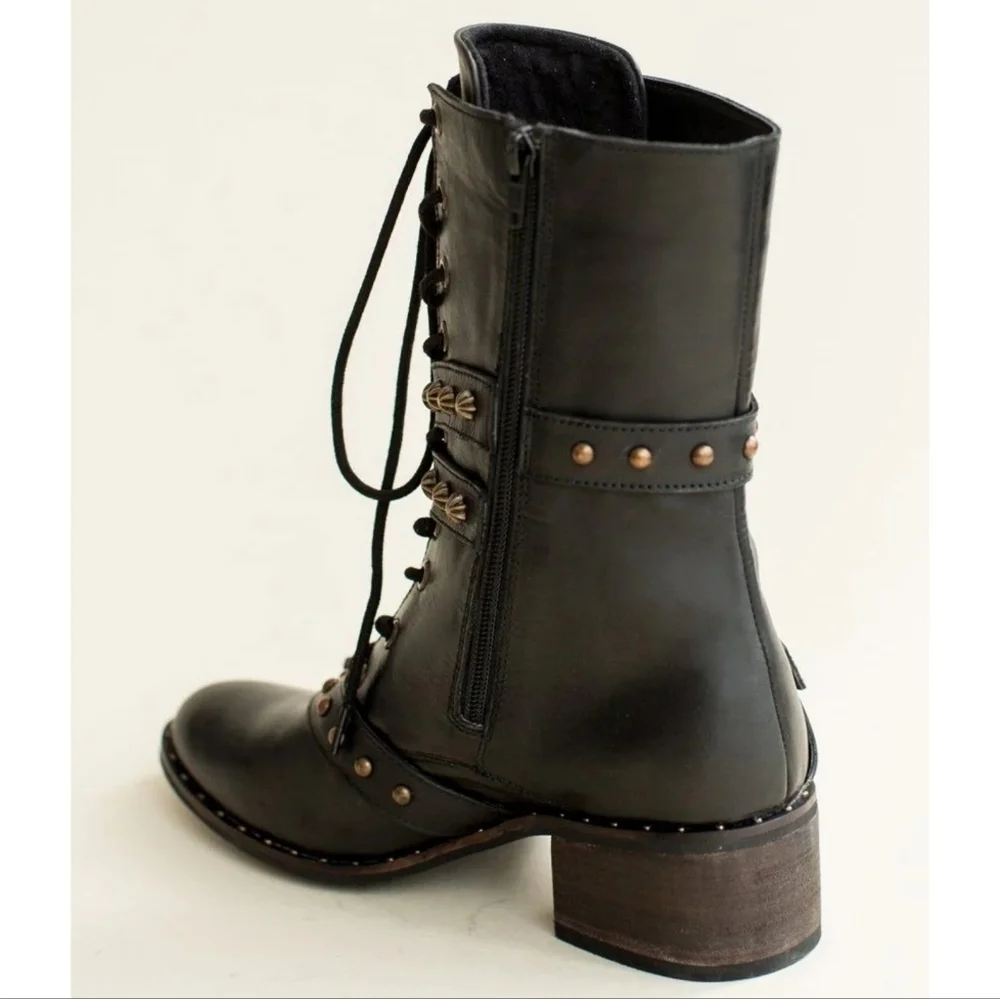 Joyfolie Rory Leather Combat/Military Boot in Distressed Black NWOT